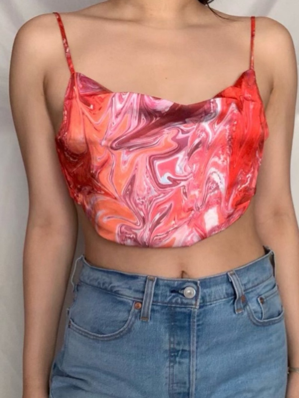 Women's Pink-Red Marble Cowl Neck Crop Top